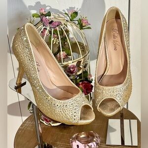 BELLA LUNA Gold Glitter Iridescent Rhinestone Peep Toe High‎ Heel Pumps - Size 9